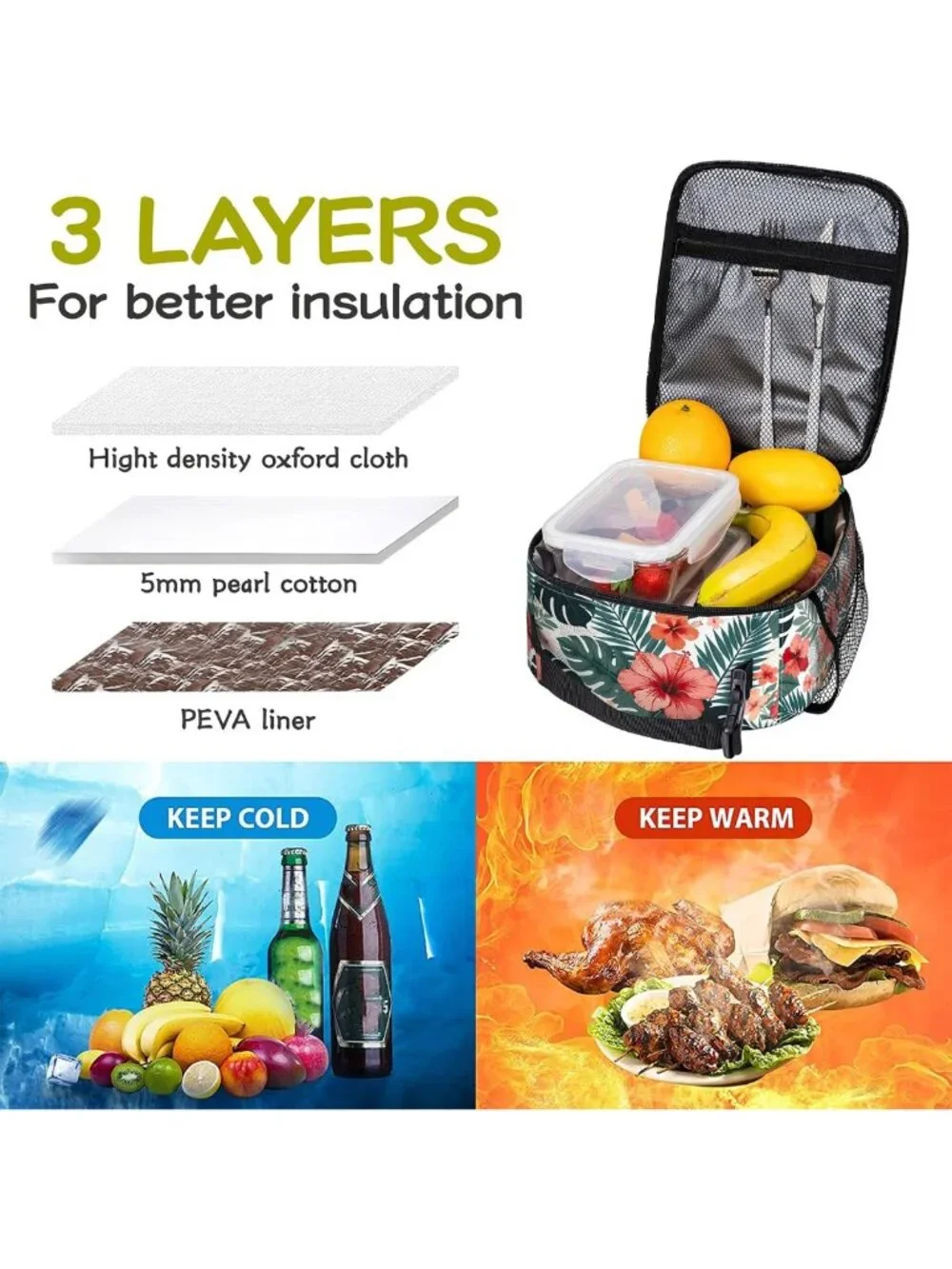 Insulated Tropical Hibiscus Kids Lunch Bag | Reusable Leakproof Cooler Tote for